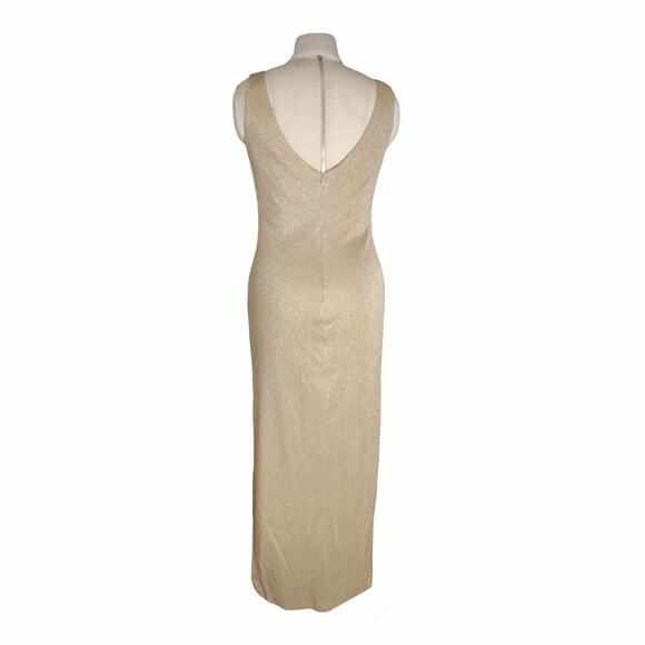 LAUNDRY Metallic Maxi Dress Size 6 Gold Lame Stretch Knit Sexy Bodycon Side Slit - Picture 3 of 12